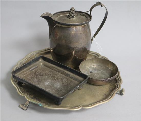 A French silver jug, an .800 small salver, a Swedish dish and a sterling dish.